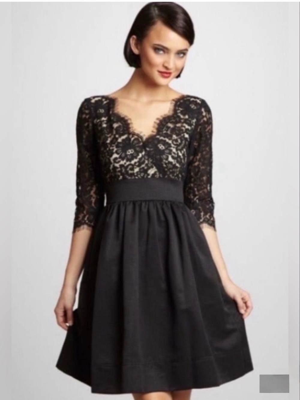 Eliza J Black Lace Fit-and-Flare Dress with Three-Quarter Sleeves